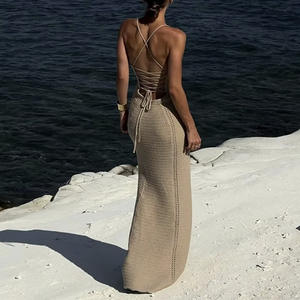 TW 2025 새로운 해변 원피스 섹시한 V-넥 멜빵 힙 스커트 등이없는 중공 스트랩 해변 니트 원피스 우아한 등이없는 수영복 - Product Image 4