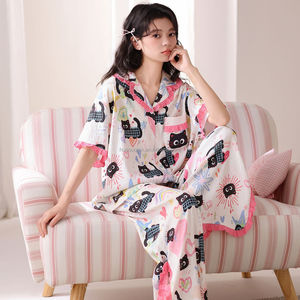 <span class=keywords><strong>Pigiama</strong></span> Estivo da <span class=keywords><strong>Donna</strong></span> 2026 Nuovo con Stampa <span class=keywords><strong>Gatto</strong></span> Nero Carino, Cardigan Casual Comodo con Bordo in Pizzo e Maniche Corte - Product Image 3