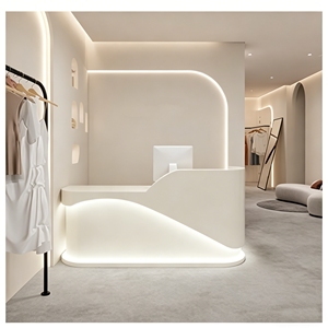 CR178 Luxury Curved Reception Desk with LED Light Gold Trim for Skin Care Center Modern White Wood Stainless Steel Front Counter - Product Image 3