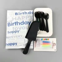Ensemble de vaisselle jetable biodégradable pour gâteau d'anniversaire, comprenant fourchettes à quatre dents, assiettes, bougies et cuillères à dessert, bleu, avec emballage Alphabet