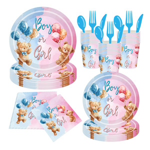 Kit de fournitures de fête jetables sur le thème de l'ours pour garçon ou fille, assiettes, gobelets, serviettes pour fête de révélation du sexe - Product Image 1