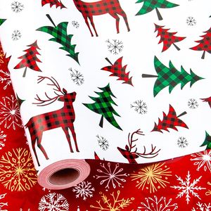Rollo de papel de regalo navideño reversible de 17 pulgadas x 33 pies con diseño de renos y copos de nieve para regalos, manualidades y embalaje festivo - Product Image 1