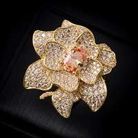 00147 Set Perhiasan Elegan Champagne CZ 4 Pcs Kalung Bunga Anting Gelang Cincin Berlapis Emas Aksesoris Pengantin untuk Wanita