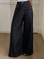 Jean palazzo taille haute pour femme, coupe ample, délavage foncé, avec surpiqûres contrastées, style western vintage, été