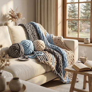 Couverture à rayures glacées extra-épaisse de 2 cm, coussin en chenille tissé à la main, tricot doux et ajusté en fil extra-épais, style Islande - Product Image 1
