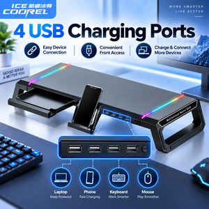 Computer <b>Monitor</b> <b>Stand</b> with 4 USB Ports RGB Lights Foldable Desktop Riser for Laptop Notebook Up to 19 Inch - Product Image 3