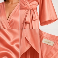 Robe Kimono Personnalisée en Soie Satinée Corail, Manches Longues, Coupe Asymétrique Mi-longue, pour Mère de la Mariée, Grandes Tailles, Couleur Personnalisée, OEM, Fabricant de Robes 2026