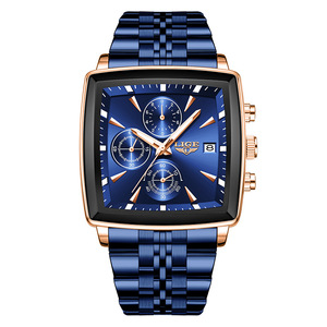 For Men's Quartz Watch Blue Dial Rose Gold Case Stainless Steel Strap Chronograph 3BAR Water Resistant <b>Calendar</b> Wristwatch - Product Image 1