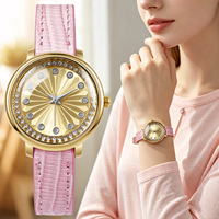 Montre à quartz ronde pour femme W259, boîtier en alliage doré, lunette sertie de strass, cadran soleil, bracelet en similicuir, montre élégante pour femme, vente en gros