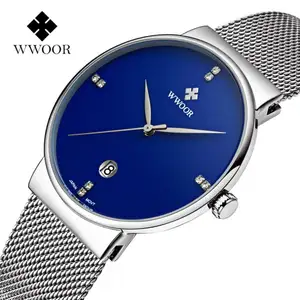 WWOOR นาฬิกาควอตซ์8018มิตรภาพเงินสำหรับทุกเพศ,นาฬิกาข้อมือ Taobao ตาข่ายกันน้ำบางเป็นพิเศษนาฬิกา Reloj ธุรกิจเรียบง่าย