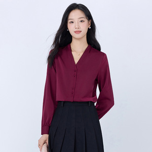 Burgundy V-neck Long Sleeve Blouse Women Solid Color Polyester Work Shirt 2025 Autumn Top Formal Office Wear - Product Image 1