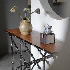 Chinese Style Lacquered <b>Bamboo</b> Console <b>Table</b> Wood Top Entryway <b>Table</b> Antique Design - Product Image 4