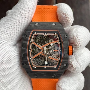 Luxury Tonneau <b>Skeleton</b> <b>Automatic</b> Men's Sports <b>Watch</b> Black Carbon Fiber Case Orange Nylon Strap Mechanical Wristwatch - Product Image 1