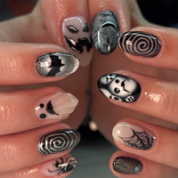 Faux Ongles Halloween à Presser Gothiques 3D Fantôme Araignée Chauve-souris Œil de Chat Amande Réutilisables Faits Main pour Femmes, Kit d'Art Horreur 4520