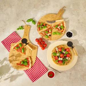 定制环保天然圆形餐板竹片披萨板托盘套装带手柄，披萨竹切板