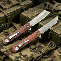 Couteau pliant ambidextre en bois de rose Damas pour le bushcraft, l'extérieur, la découverte, le camping, l'autodéfense et la survie en milieu sauvage, lame de 8,5 cm
