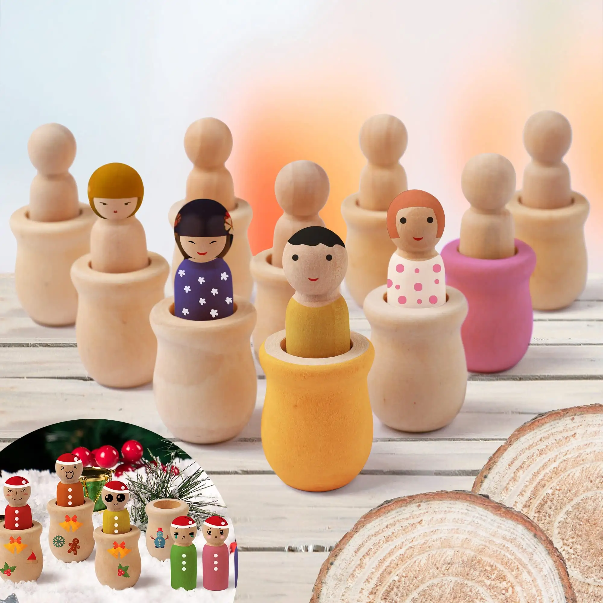 Children Montessori Hand Painted Rainbow Wooden Toy Engraved Inclusive Rainbow Peg Doll Set