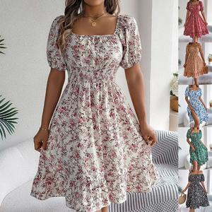 Dames Casual A-Line Print Jurk Met Korte Mouwen, Losse Taille Ontwerp Met Bloemenpatroon Vierkante Kraag Zomer Chiffon Effen Geverfd - Product Image 1