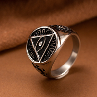Bague Chevalière en Acier Inoxydable pour Homme, Style Rétro, avec Gravure Œil Qui Tout Voit, Triangle et Soleil, Amulette Punk Biker