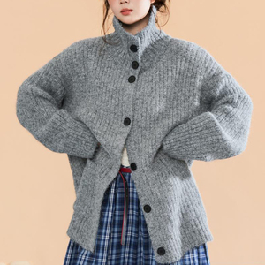 <strong>Women's</strong> Gray <strong>Chunky</strong> Ribbed Turtleneck Oversized <strong>Cardigan</strong> - Cozy Casual Daily Top - Product Image 1