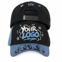 Gorra de Béisbol con Logotipo Personalizado, Bordado de Graffiti, Visera Azul de Dos Tonos, Corona de Estrella de Fuego, Estilo Y2K, Ajustable con Cierre a Presión