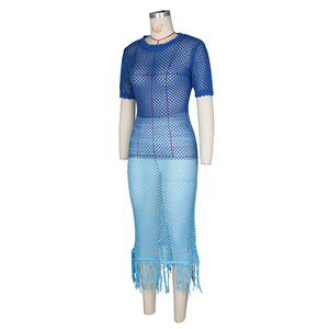 Vestido Largo de Verano para Mujer, Manga Corta, Tejido con Flecos, Transparente, Elástico, Cintura Elástica, Spandex/Poliéster, Novedad 2024 - Product Image 5