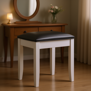 Taburete de tocador blanco con asiento acolchado de cuero PU para tocadores de maquillaje, diseño moderno, base de madera maciza - Product Image 2
