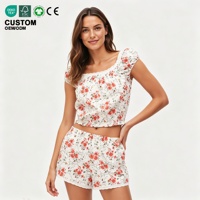 Ensemble de pyjama d'été pour femmes, vêtements de nuit floraux, 2 pièces, short, dentelle, haut court smocké, pyjama confortable et doux, vêtements de nuit