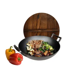 Wholesale High Quality wooden cover Chinese Non-stick Skillet Cookware Frying Cast Iron Wok Pan With Double Iron Handle