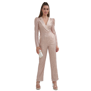 Mono de mujer con lentejuelas, manga larga, cintura alta, cuello de solapa, elegante para fiesta, largo completo, color liso, manga abullonada - Product Image 1