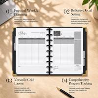 Agenda hebdomadaire personnalisé B5 avec couverture en papier rayé noir et blanc, reliure à disque, dorure à chaud, impression couleur, coins métalliques, 2026 2027