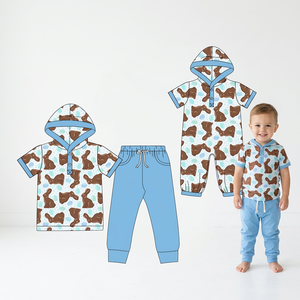Conjunto de Pantalones Largos Azules Sólidos y Camiseta de Manga Corta para Bebés, Estilo Pascua - Product Image 1