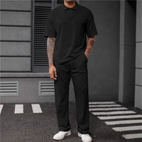 Ensemble Polo et Pantalon Long en Tricot Jacquard Texturé pour Hommes, Style Casual, Deux Pièces, Imprimé, Manches Courtes + Longues