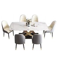 Ensemble de table à manger en pierre frittée de luxe léger, table à manger rectangulaire en pierre avec base en métal doré, haut de gamme pour la maison