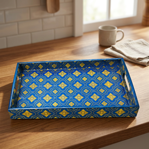 Plateau de service décoratif en MDF – Plateau en bois imprimé bleu et or pour la maison, la salle à manger, le thé et le service de table - Product Image 4