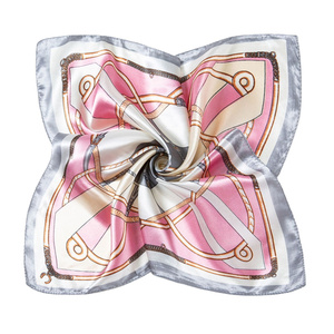 <strong>Womens</strong> Pink and <strong>Grey</strong> Luxury Belt Chain Print Imitation Silk <strong>Scarf</strong> 50cm Square Neck Head Tie Elegant Bag Decorative Shawl - Product Image 1