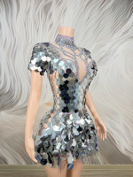 Robe de soirée courte à manches courtes en maille transparente et sequins, modèle évasé, pour la scène et la danse, services de conception de vêtements Novance Y3693-B