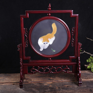 Suzhou Double Sided Embroidery Mahogany Stand Circular Goldfish Design Traditional <b>Chinese</b> Table Screen Decor - Product Image 3