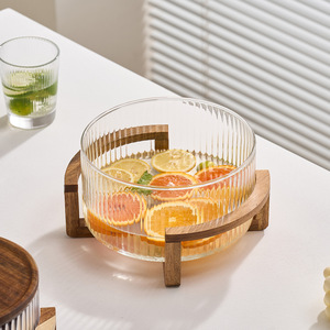 Bol à fruits en verre à rayures verticales minimalistes, bol à salade, bol à collations avec couvercle en bambou et support en bois - Product Image 2