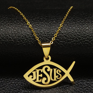 Pareja de moda de acero inoxidable geométrico pez colgante joyería diseño único oro plata negro letras Jesús Collar para mi hijo - Product Image 2