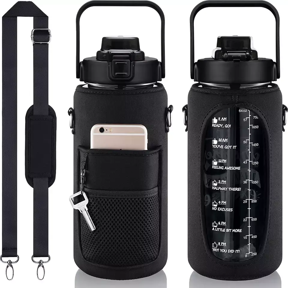 Hot Sale 64oz /2l Half Time Marker Gallon Water Bottle Portable Hand Strap Cup Holder Protective Sleeve Custom Bottle