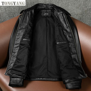 جاكيت TONGYANG رجالي من الجلد الطبيعي، جاكيت قصير كاجوال وبسيط للربيع والخريف من جلد البقر الأصلي للرجال، متوفر باللونين البني والأسود - Product Image 5
