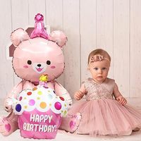 Ballon Mylar Joyeux Anniversaire Ours en Peluche Rose avec Chapeau de Fête Cupcake et Ballon en Aluminium pour Décoration de Fête d'Anniversaire, Baby Shower et Fête d'Enfants