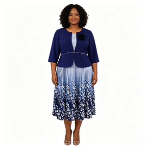 Elegante Vestido Midi con Estampado Floral Azul, Falda Plisada y Manga Tres Cuartos, Talla Grande, Traje Formal para Mujer - Product Image 4