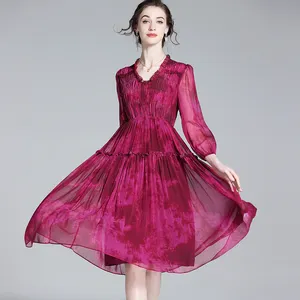 Autumn dress vintage silk sari dress 100% mulberry silk slim waist red casual dress