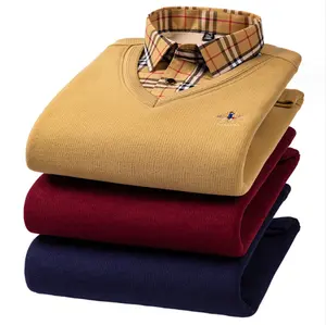 도매 겨울 맞춤 로고 가짜 투피스 셔츠 칼라 캐주얼 남성 벨벳 두꺼운 따뜻한 니트 스웨터 겨울 착용
