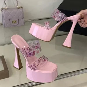 Sandales compensées transparentes à imprimé floral en PVC pour l'été, sexy, à bout carré, talons épais, chaussures de soirée tendance - Product Image 4