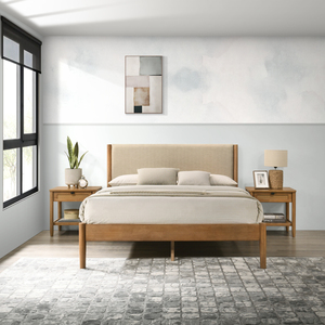 Ensemble de chambre à coucher Vichy en bois d'hévéa, 3 pièces, lit plateforme avec deux tables de chevet, taille Queen - Product Image 1