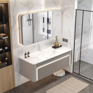 Minimalist Luxury Solid Wood Lacquer Wall Hung Water Resistant Bathroom Vanity Unit with Smart Honeycomb <b>Mirror</b> and Basin - Product Image 5