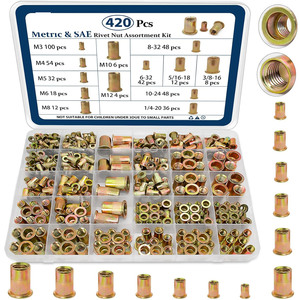 Baiguluo Rivet Nut Assortment 420pcs Metric Sae Zinc Plated Flat Head Self Tapping Rivets Kit - Product Image 1